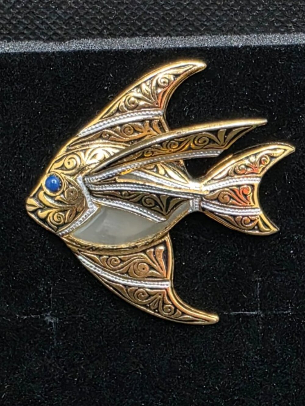Vintage Spain Damascene Angelfish Jelly Belly Brooch Pin